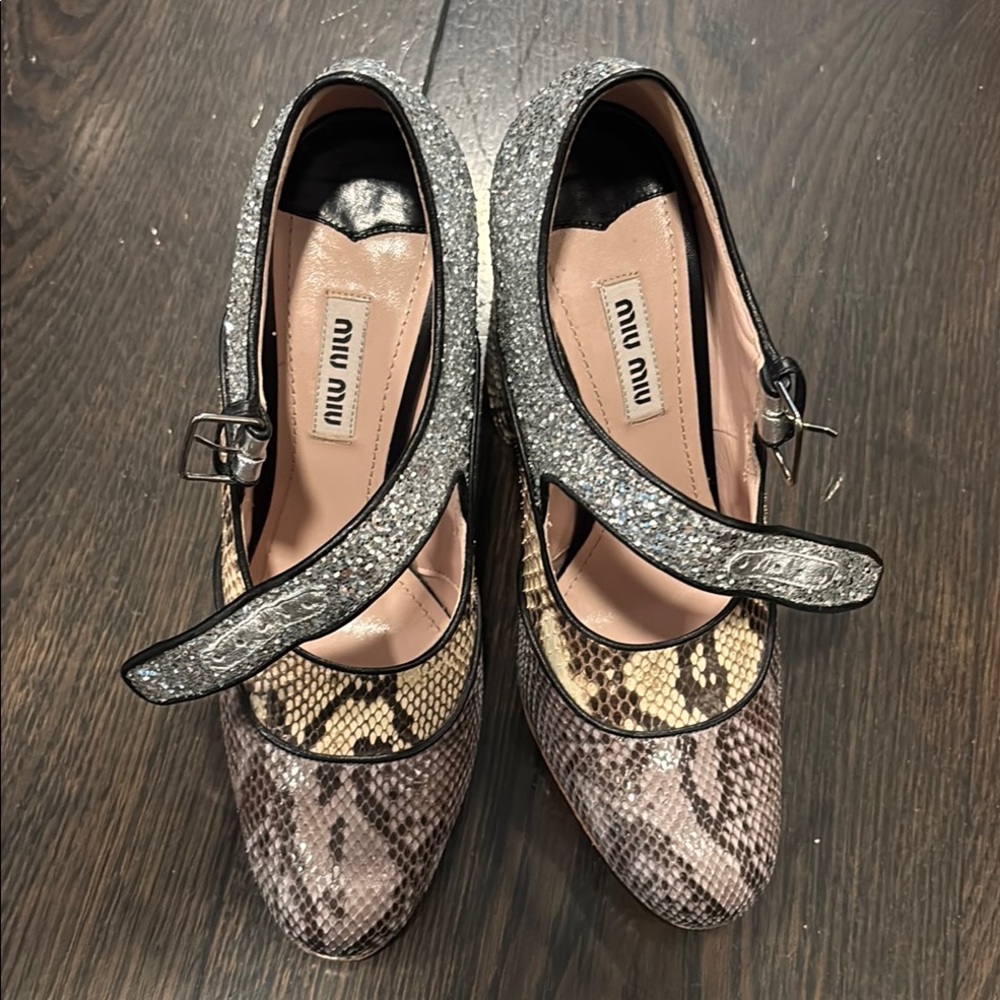 Miu Miu Silver Glitter and Snakeskin MaryJanes EUC